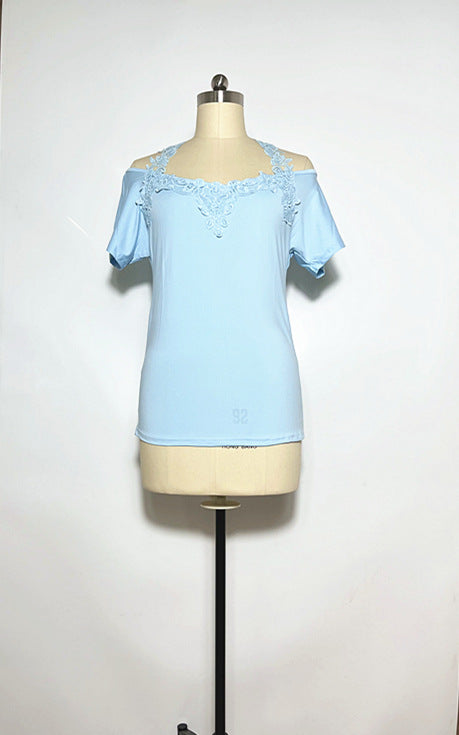 V-Neck Patchwork Lace Casual Loose T-Shirt for Women