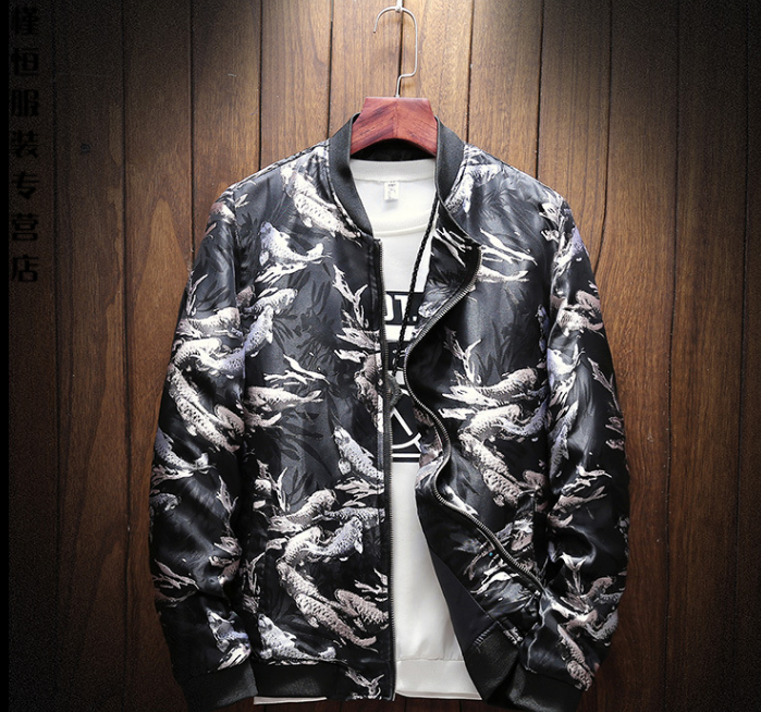Men’s Koi Fish Pattern Jacket – Lightweight Stand Collar Casual Jacket, Black, M–5XL