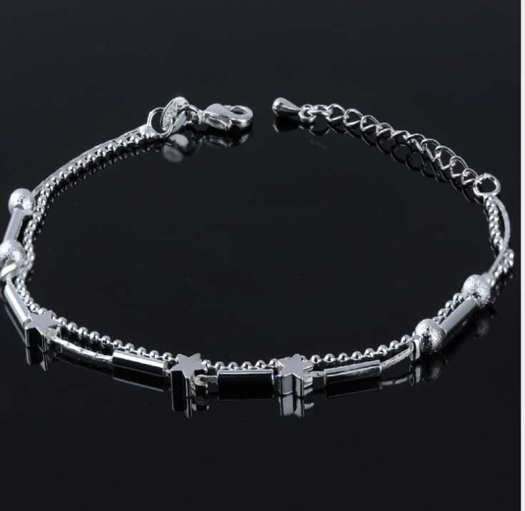 Silver Double Layer Star and Heart Charm Anklet