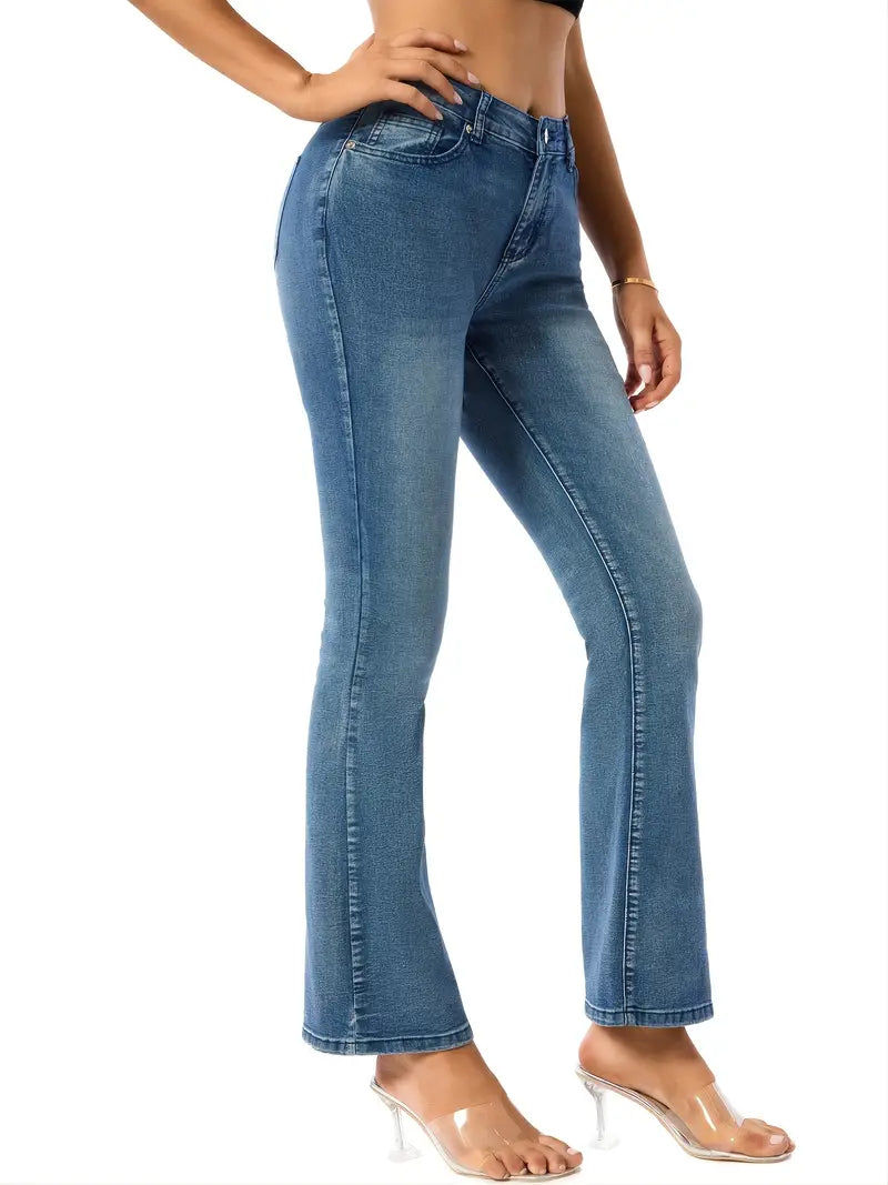 Women’s Blue High-Waist Flared Jeans – Micro-Elastic Slim-Fit Denim, S–XL