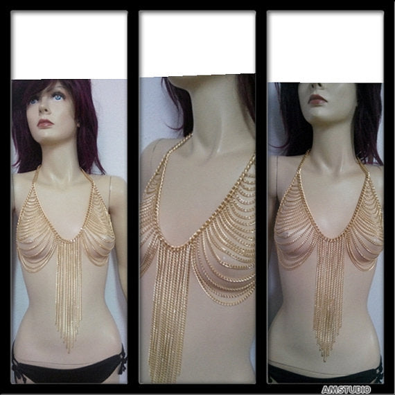 Women’s Geometric Chest Pendant Body Chain – Electroplated Statement Jewelry, White K, Gun Black & Gold