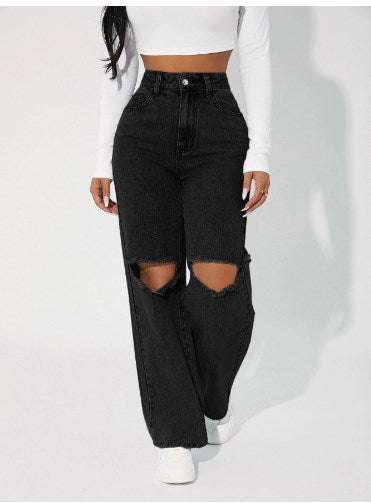 Women’s High-Rise Ripped Knee Boyfriend Jeans – Black Cotton Loose Straight-Leg Denim, S–XL