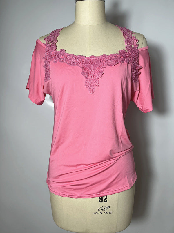 V-Neck Patchwork Lace Casual Loose T-Shirt for Women