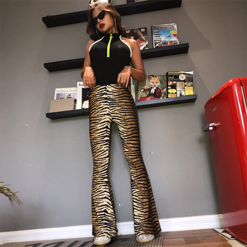 Women’s High-Waisted Leopard Print Flare Pants – Cotton Blend Stretch Bell-Bottom Trousers, S–XXL