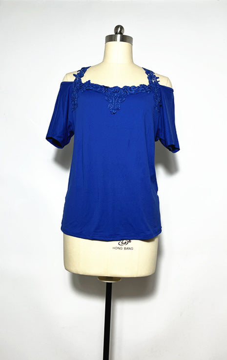 V-Neck Patchwork Lace Casual Loose T-Shirt for Women