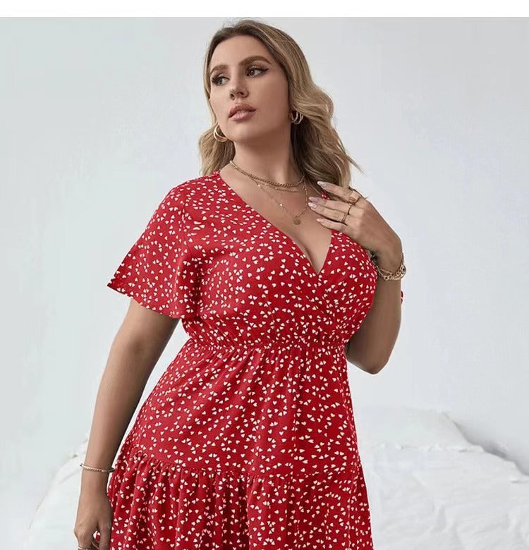 Plus Size Floral Wrap Mini Dress – Women’s V-Neck Ruffle A-Line Summer Dress S–4XL