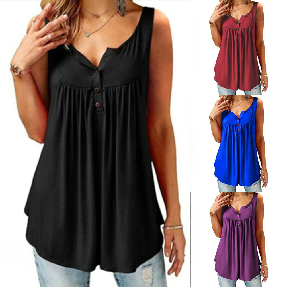 Women’s U-Neck Pleated Tank Top – Sleeveless Casual Summer Blouse