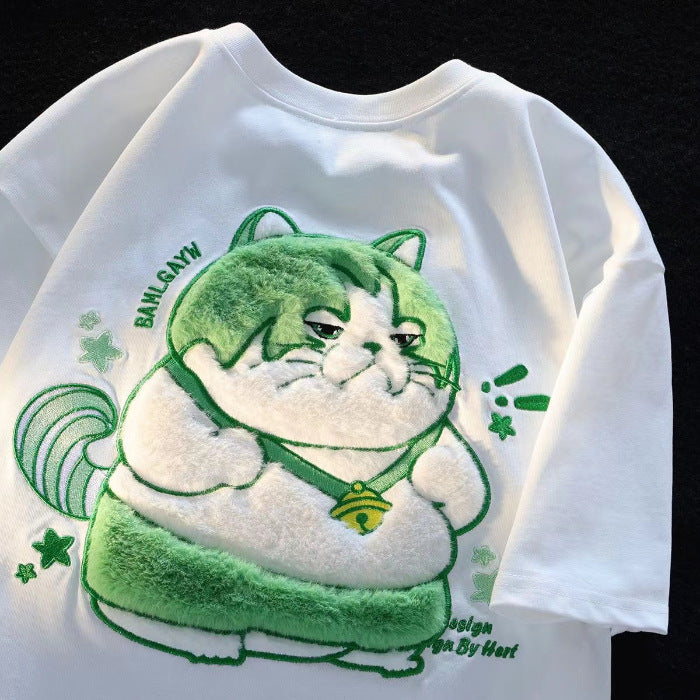 Summer 2023 Cartoon Embroidered Cat T-Shirt for Women