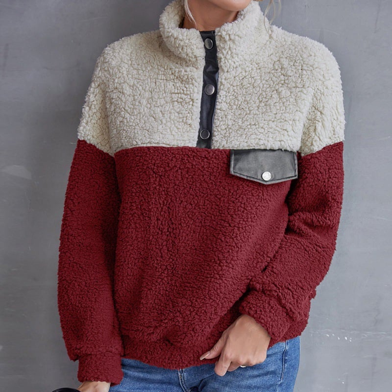 Women’s Color-Blocking Casual Plush Sweater – Loose-Fit Round Neck Long Sleeve Pullover, 4 Colors, S–XL