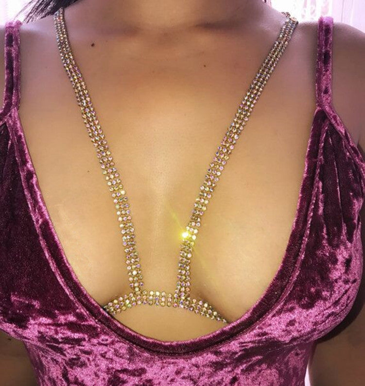 Women’s Rhinestone Strap Chest Body Chain – Diamond-Encrusted Aluminum Mesh Statement Jewelry, 6 Styles