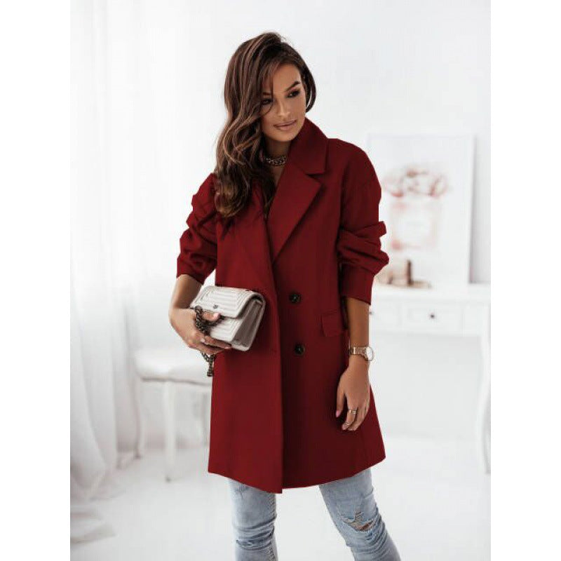 Women’s Double-Breasted Long Coat – Blazer Collar Tailored Polyester Coat, S–2XL
