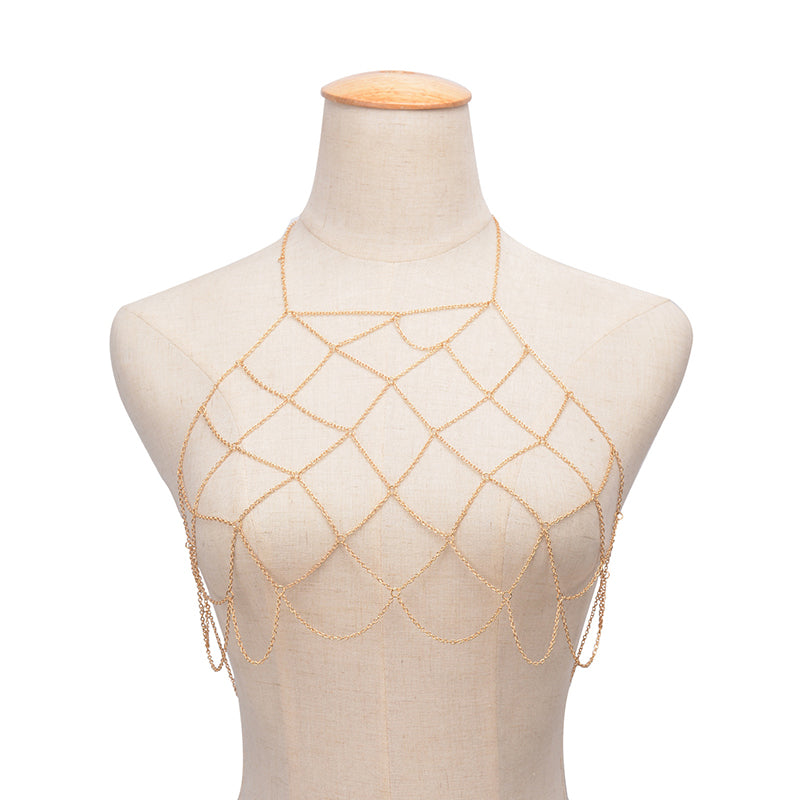 Women’s Geometric Mesh Body Chain Necklace – 180cm Adjustable Gold & Silver Beach Jewelry
