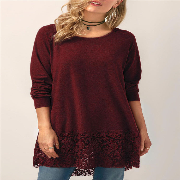 Women’s Hooded Long Sleeve Lace T-Shirt – Casual Lace Stitching Top