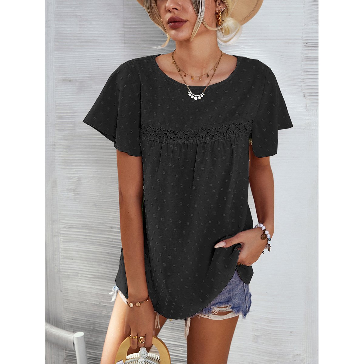 Women’s Solid Color Lace Babydoll Top – Short Sleeve Summer Blouse
