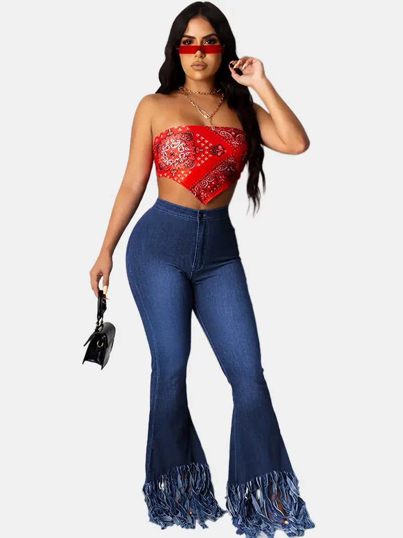 Women’s High-Waist Flared Denim Jeans – Slim-Fit Retro Bell-Bottom Jeans