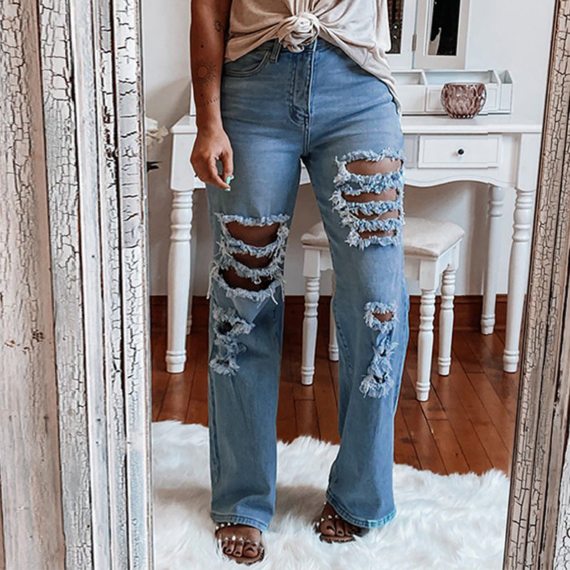 Women’s Distressed Straight-Leg Jeans – Premium Cotton Washed Light Blue Denim, S–XL