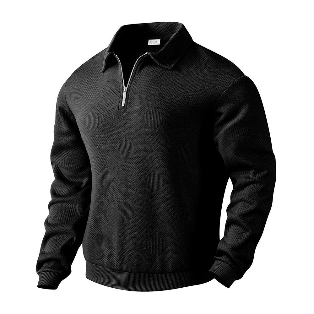 Men’s Lapel Jacquard Half Cardigan Sweater – Textured Polyester Long Sleeve Pullover, 5 Colors, S–3XL