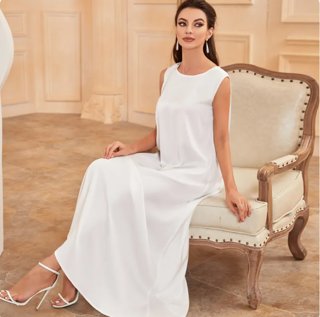 Women’s Elegant White Satin Tank Dress – Sleeveless Party & Evening Dress