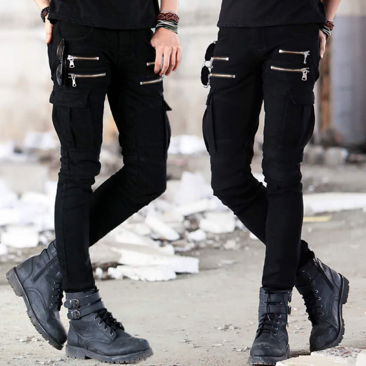 Men’s Black Motorcycle Jeans with Folded Design – Cotton Casual Riding Denim, Sizes 28–40