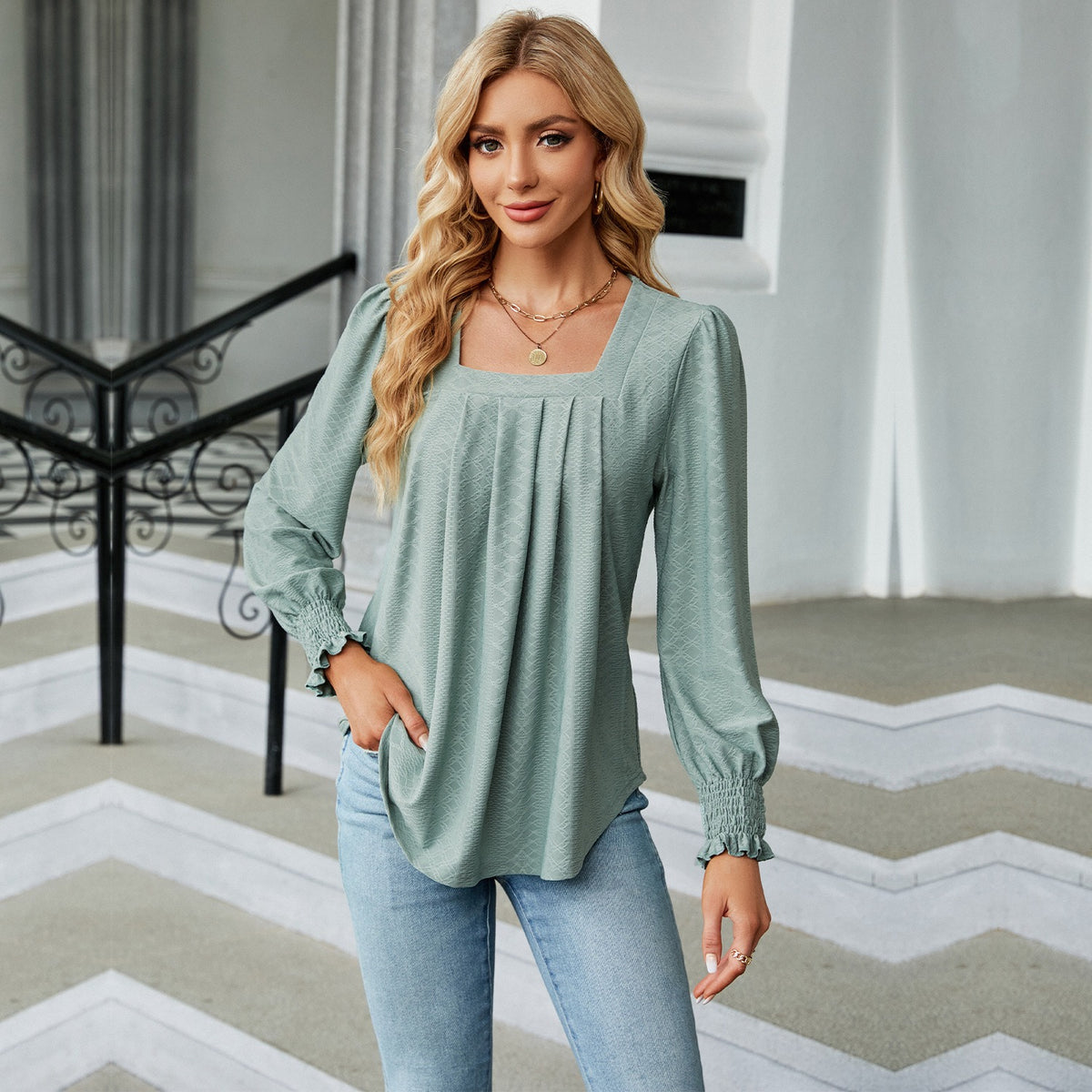 Jacquard Pleated Long-Sleeve Square Neck T-shirt for Women