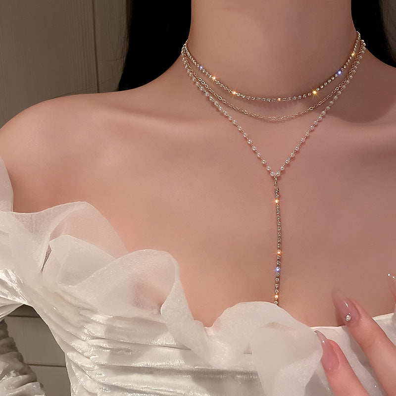 Korean Vintage Pearl Tassel Floral Bow Choker Necklace