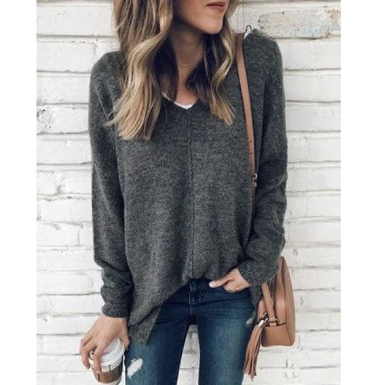 Women’s Plus Size V-Neck Fleece Pullover Sweater – Thick Cotton Spliced Warm Top, 6 Colors, S–5XL