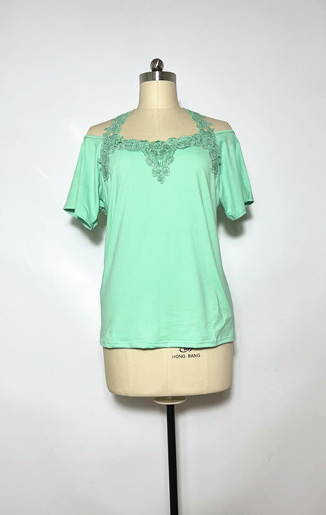 V-Neck Patchwork Lace Casual Loose T-Shirt for Women