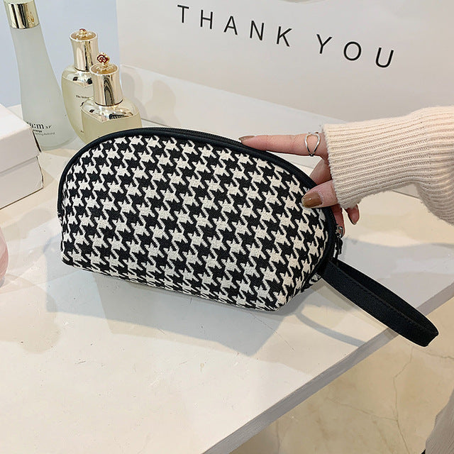 Houndstooth Cosmetic Bag - Classic Zipper Mini Makeup Bag