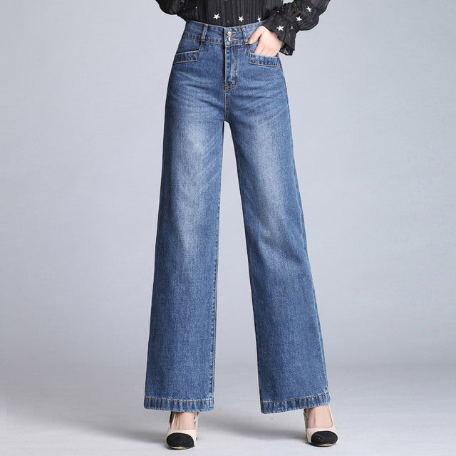 Women’s High-Waist Wide-Leg Ripped Jeans – Cotton Boyfriend Denim in Sky Blue & Blue, Sizes 26–33
