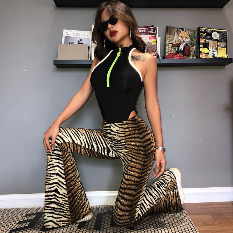 Women’s High-Waisted Leopard Print Flare Pants – Cotton Blend Stretch Bell-Bottom Trousers, S–XXL