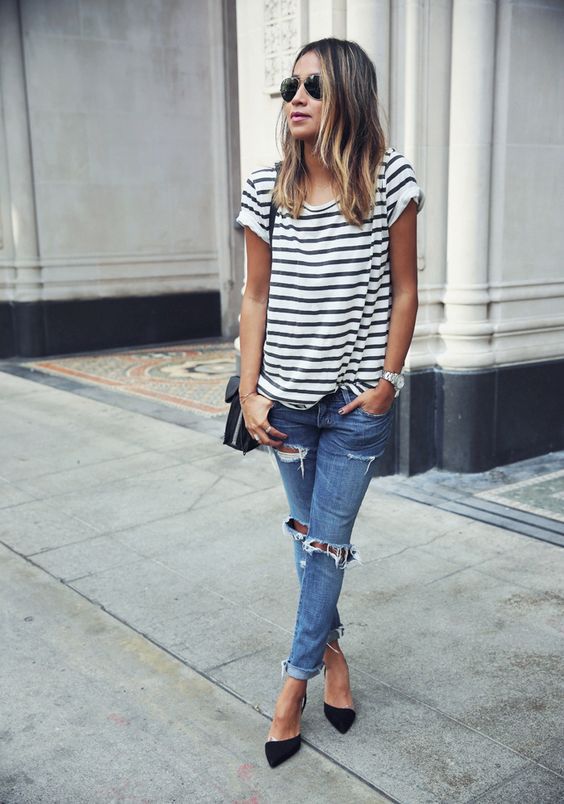 Striped Short Sleeve Loose T-Shirt for Women