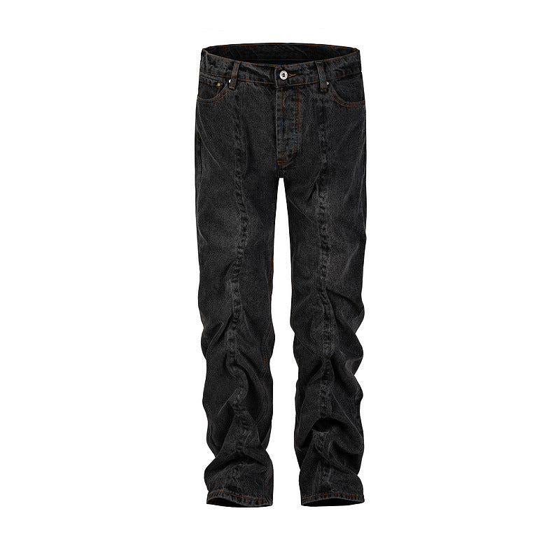 Men’s Twisted Fashion Washed Straight-Leg Jeans – Cotton Mid-Waist Casual Denim
