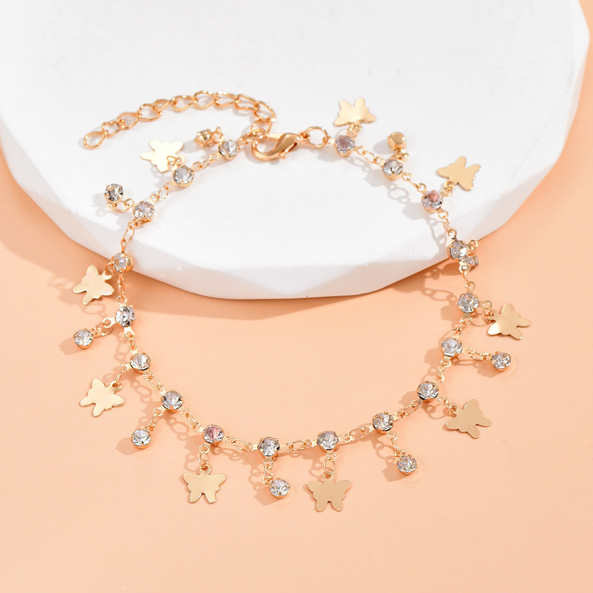 Bohemian Vintage Anklet with Diamond Butterfly Pendant