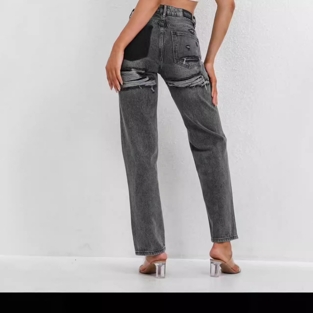 Women’s Straight-Leg Ripped Jeans – Cotton Blend Distressed Denim in Dark Gray, Light Blue & Faded Blue, XS–L