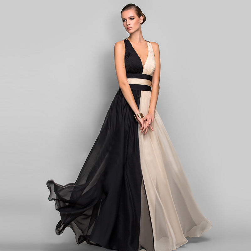 Women’s V-Neck Backless Maxi Dress – Elegant Color Block Evening Gown