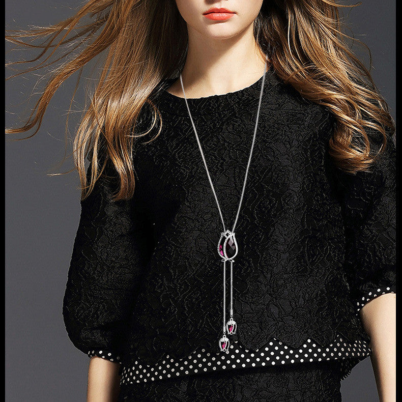 Women’s Tulip Crystal Sweater Chain Necklace – 98cm Long Alloy Pendant Necklace, Purple & Blue