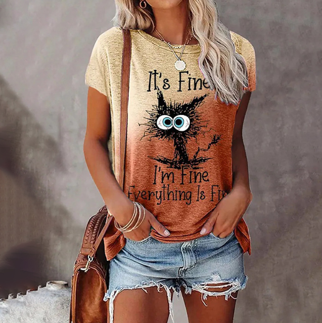 Casual Short-Sleeved Cat Print T-Shirt for Women (One)