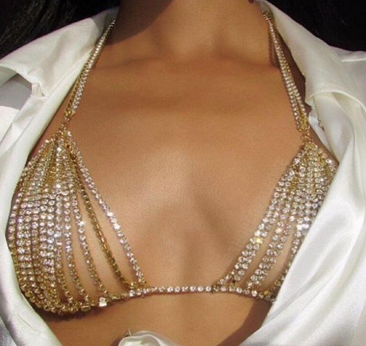 Women’s Exaggerated Rhinestone Body Chain – Diamond-Encrusted Bikini Necklace, Gold & Silver