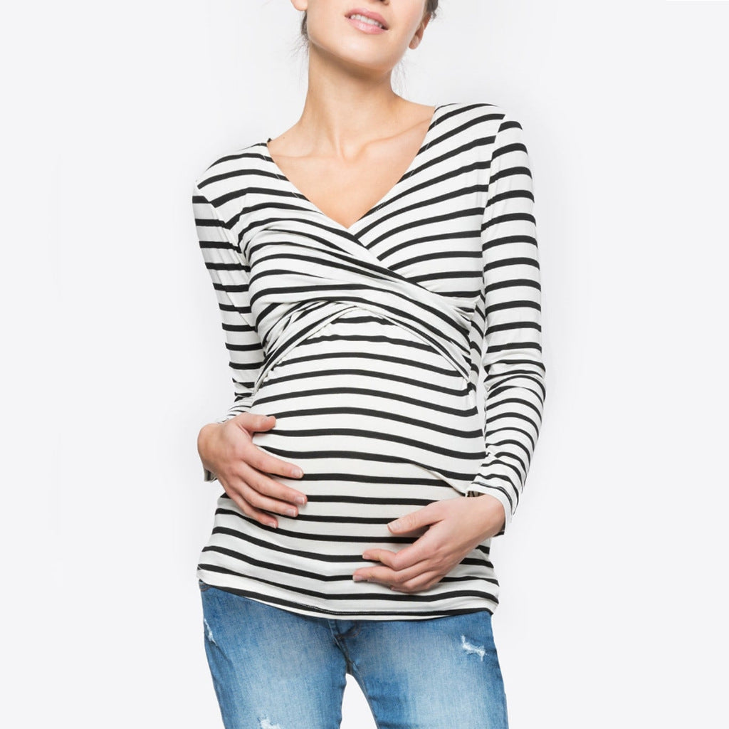 Women's Striped V-Neck Nursing T-Shirt – Long Sleeve Breastfeeding Top