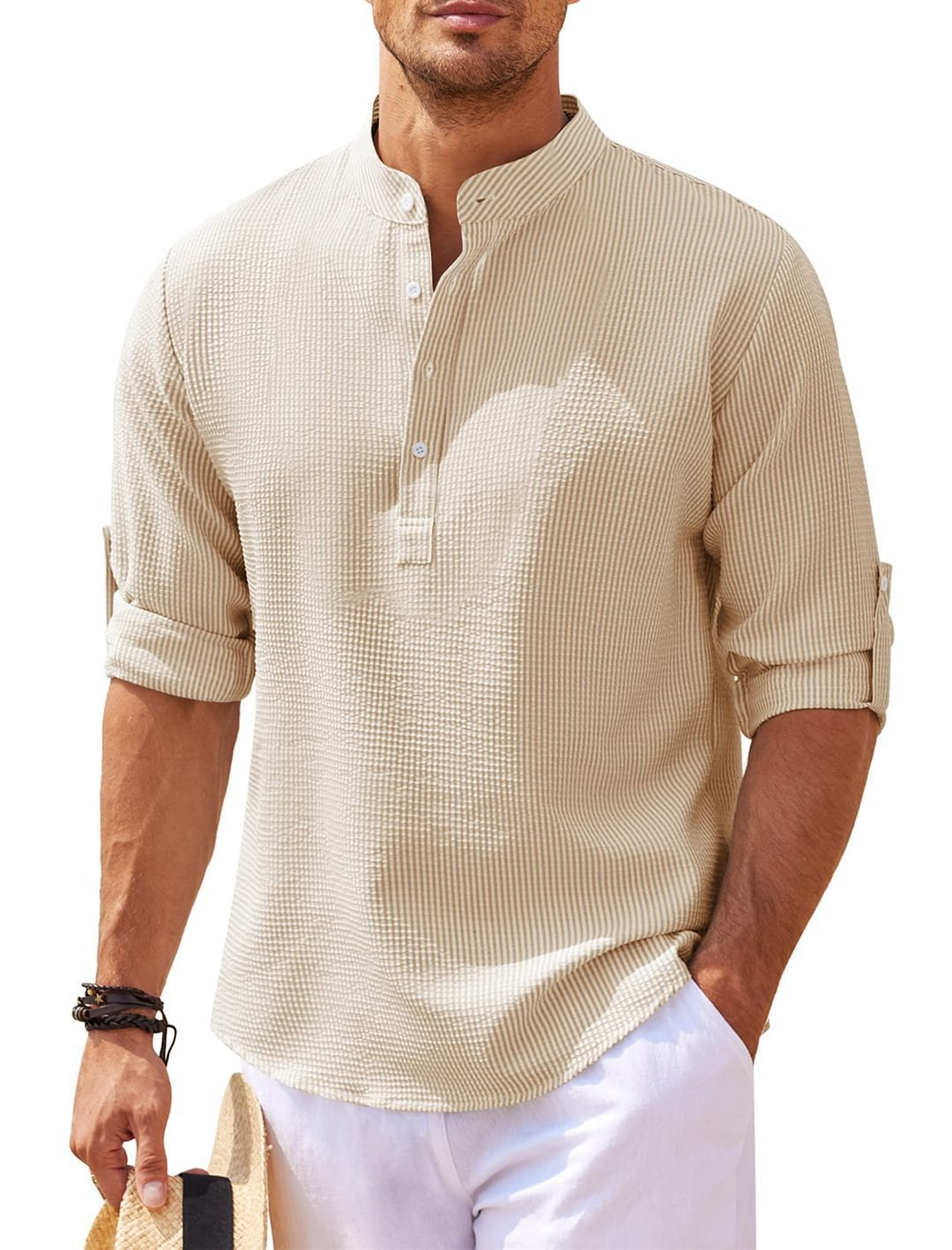 Men’s Pineapple Texture Stand Collar Shirt – Casual Short Sleeve Summer Button Shirt