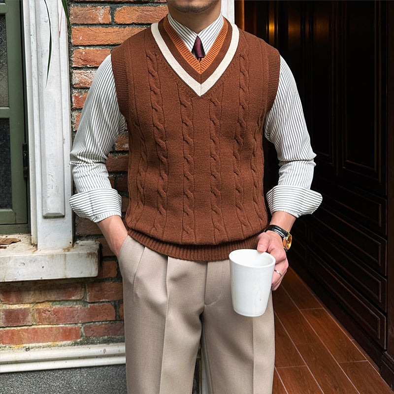 Men’s Retro Knitted Sleeveless Vest Sweater – Cotton Blend V-Neck Pullover, 3 Colors, M–3XL