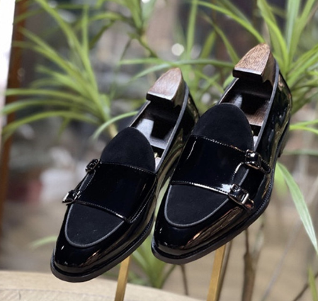 Men’s Black Leather Monk Loafers – Classic Low-Cut Dress Shoes