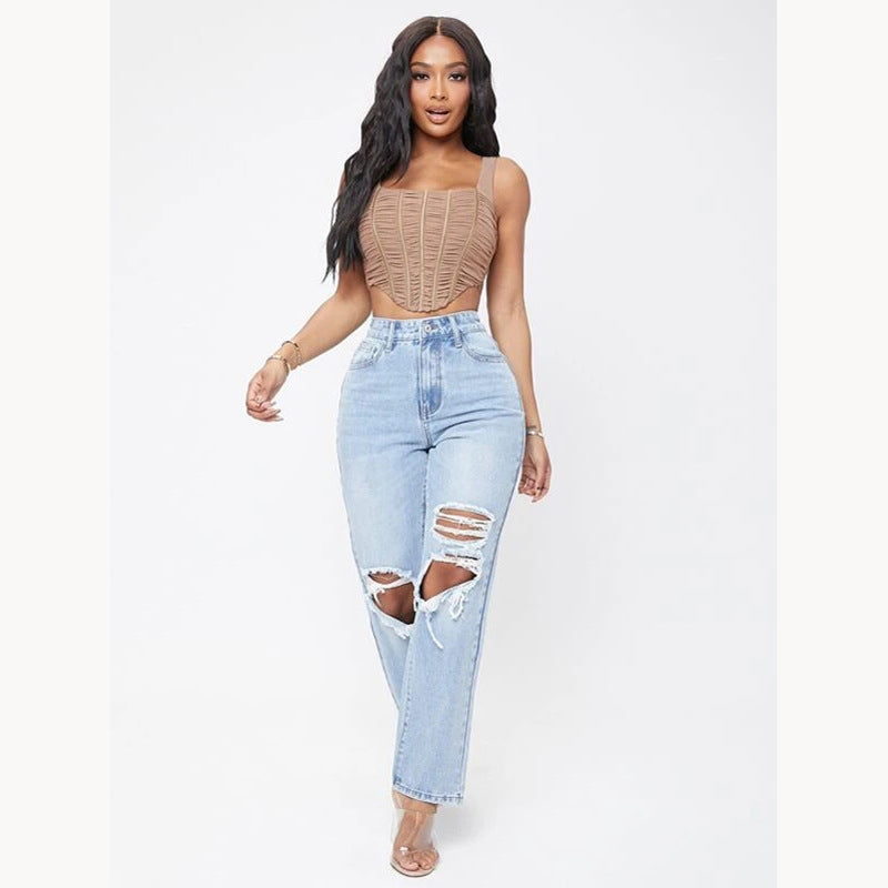 Women’s Fashionable High-Waist Washed Jeans – Premium Cotton Straight-Leg Light Blue Denim, S–2XL