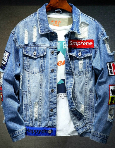 Men’s Loose Casual Denim Jacket with Gold Paint Embroidery – Trendy Statement Jacket