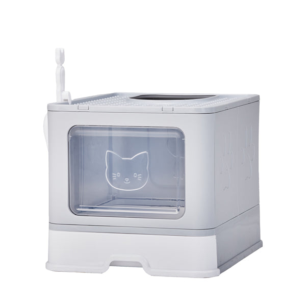 Enclosed Cat Litter Box – Top Exit Anti-Tracking Kitty Toilet with Pull-Out Tray & Scoop