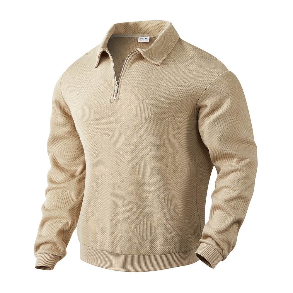 Men’s Lapel Jacquard Half Cardigan Sweater – Textured Polyester Long Sleeve Pullover, 5 Colors, S–3XL
