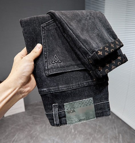 Korean Slim-Fit Retro Casual Jeans – Lightweight Polyester Black Grey Pants, Sizes 28–36
