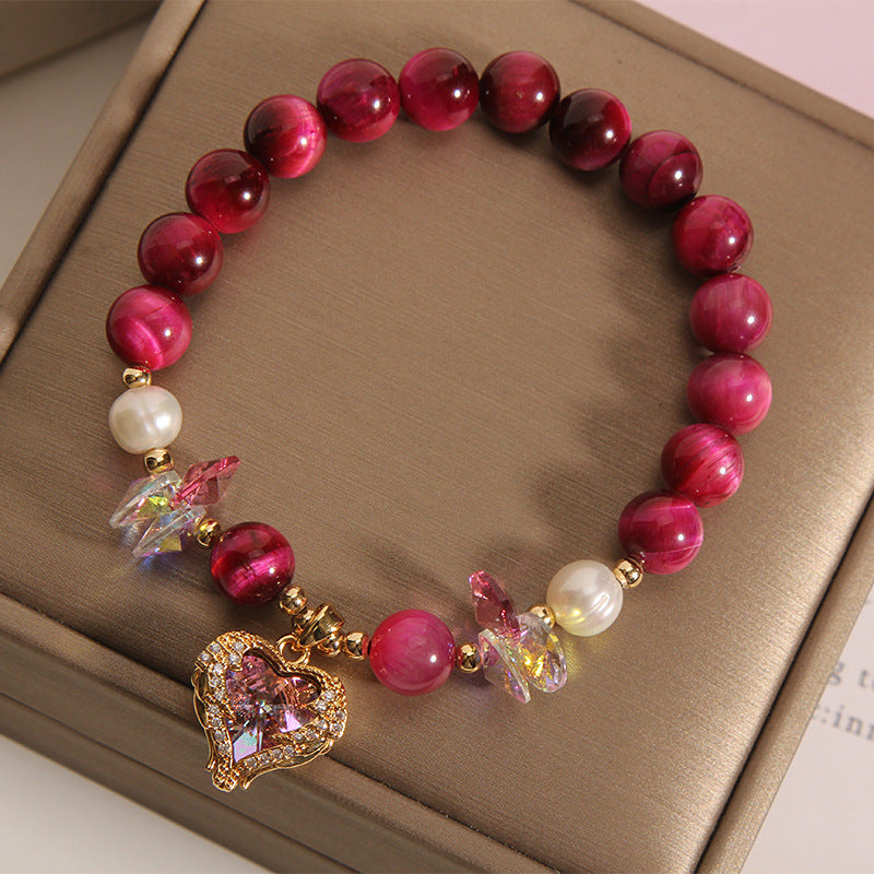 Women’s Rose Red Tigereye Crystal Heart Bracelet – Colorful Love Jewelry