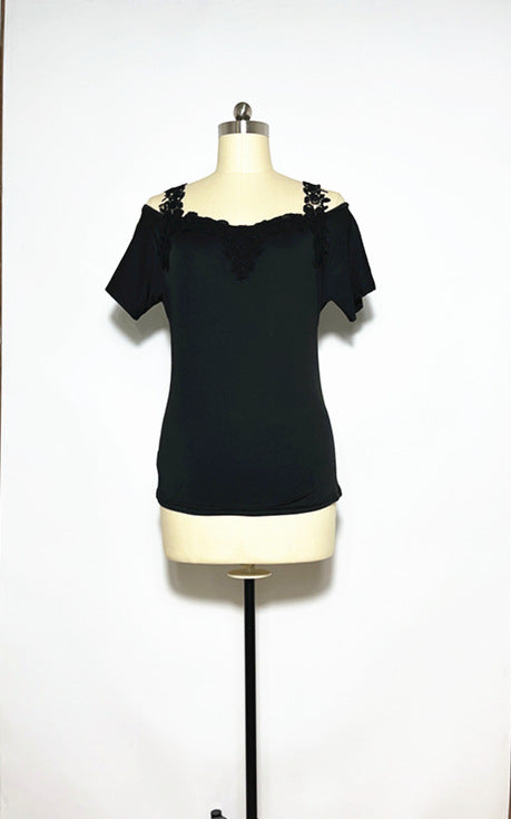 V-Neck Patchwork Lace Casual Loose T-Shirt for Women