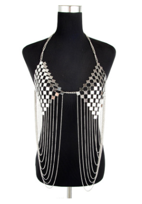 Women’s Geometric Metal Chest Body Chain – Gold & Silver Heart Statement Necklace, 221g